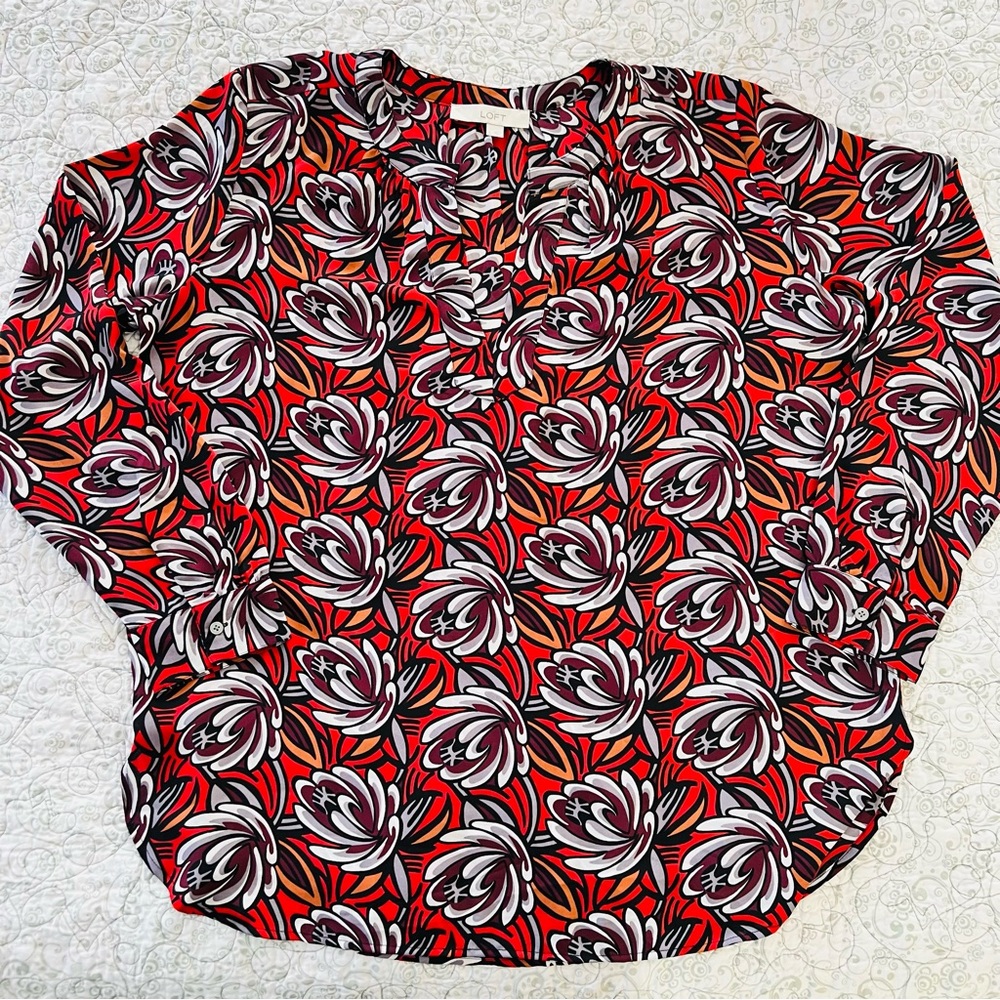 LOFT Red & Black Wild Floral V-neck Blouse Classy Career